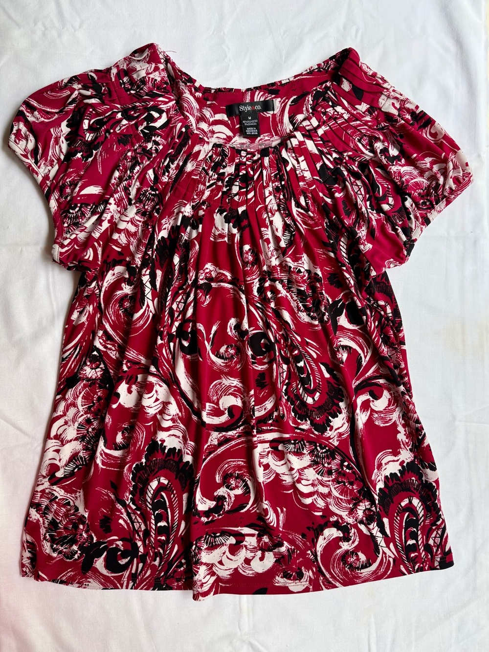 Style & Co. Women's Red and Black Swirl Print Short Sleeve Blouse